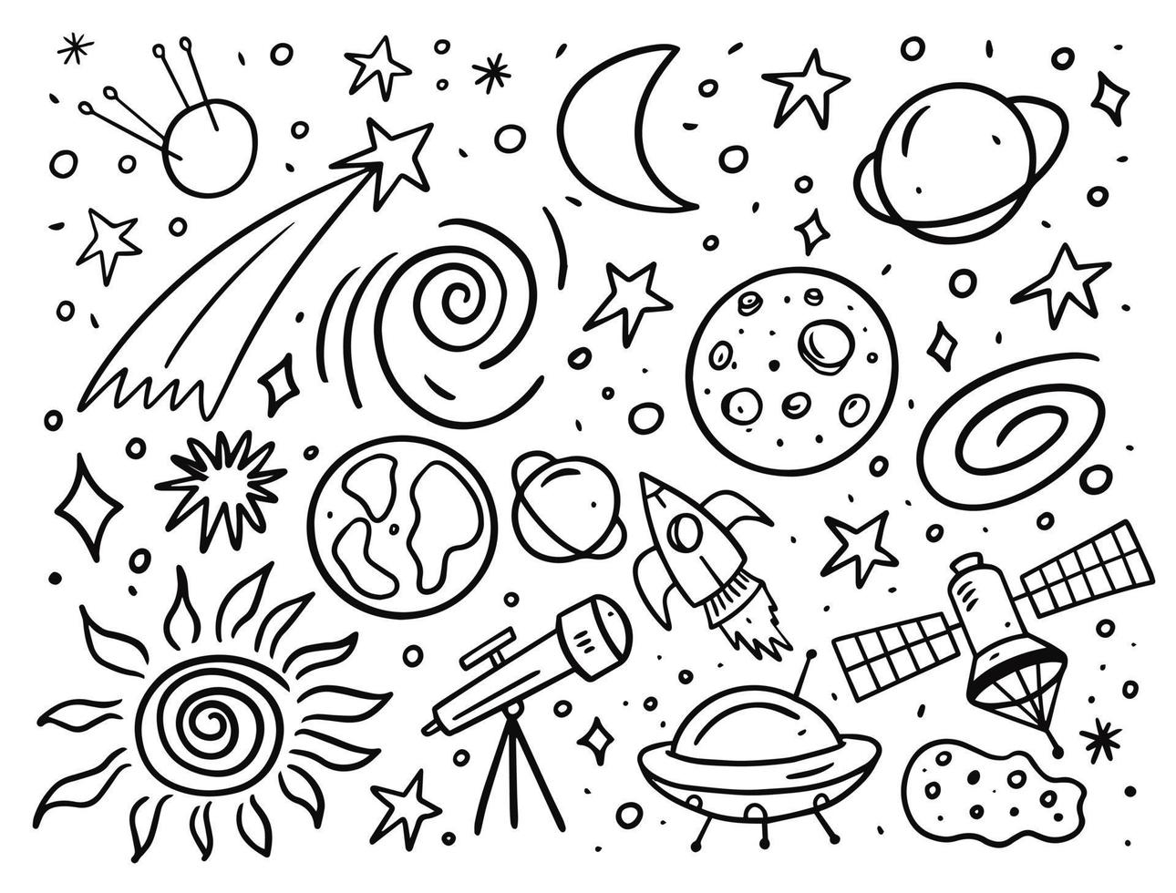 Space set elements. Doodle style vector illustration.