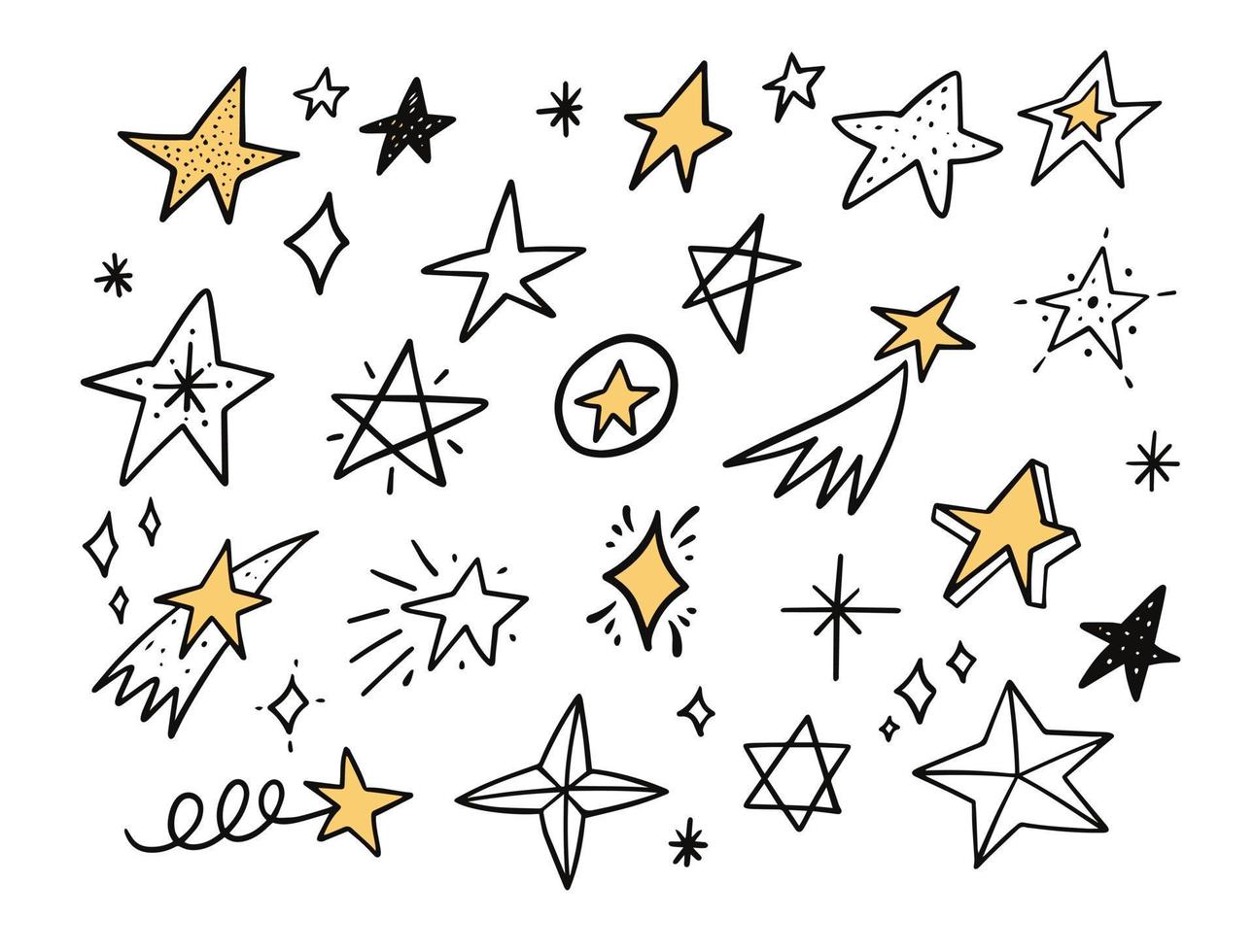 Hand drawn star doodle set icon. Black and yellow colors. Comic cartoon style. vector