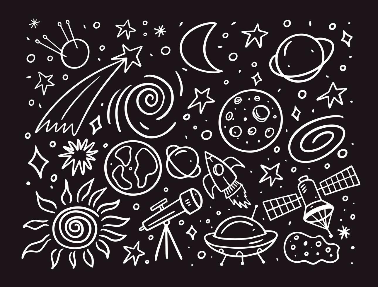 Set space or cosmos elements and objects doodle style. Hand drawn outline vector illustration.