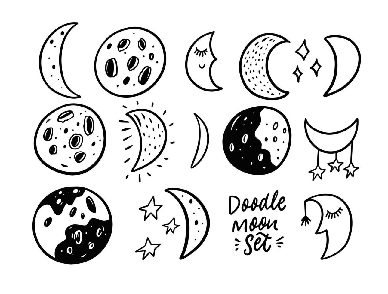 Hand drawn Moon doodle set. Black and white colors. Vector illustration.