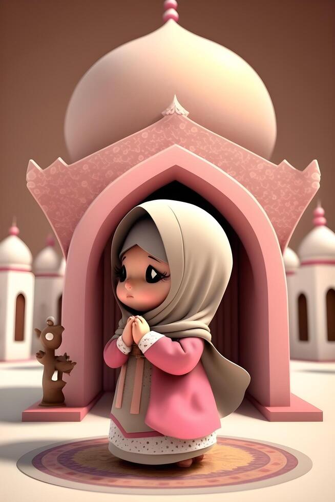 muslim little girl is praying made by technology photo