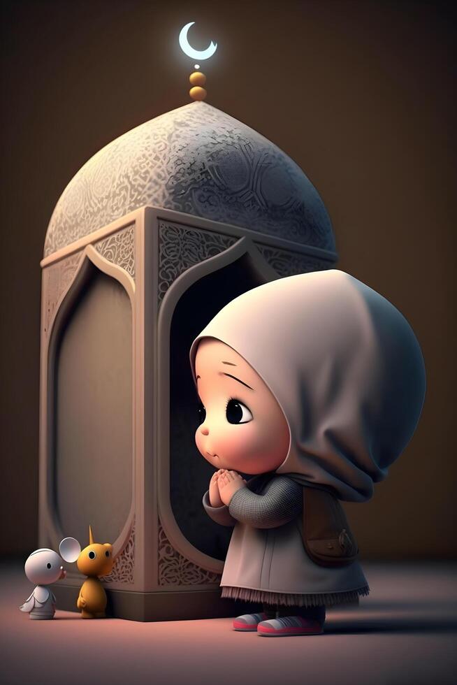 muslim little girl is praying made by technology photo