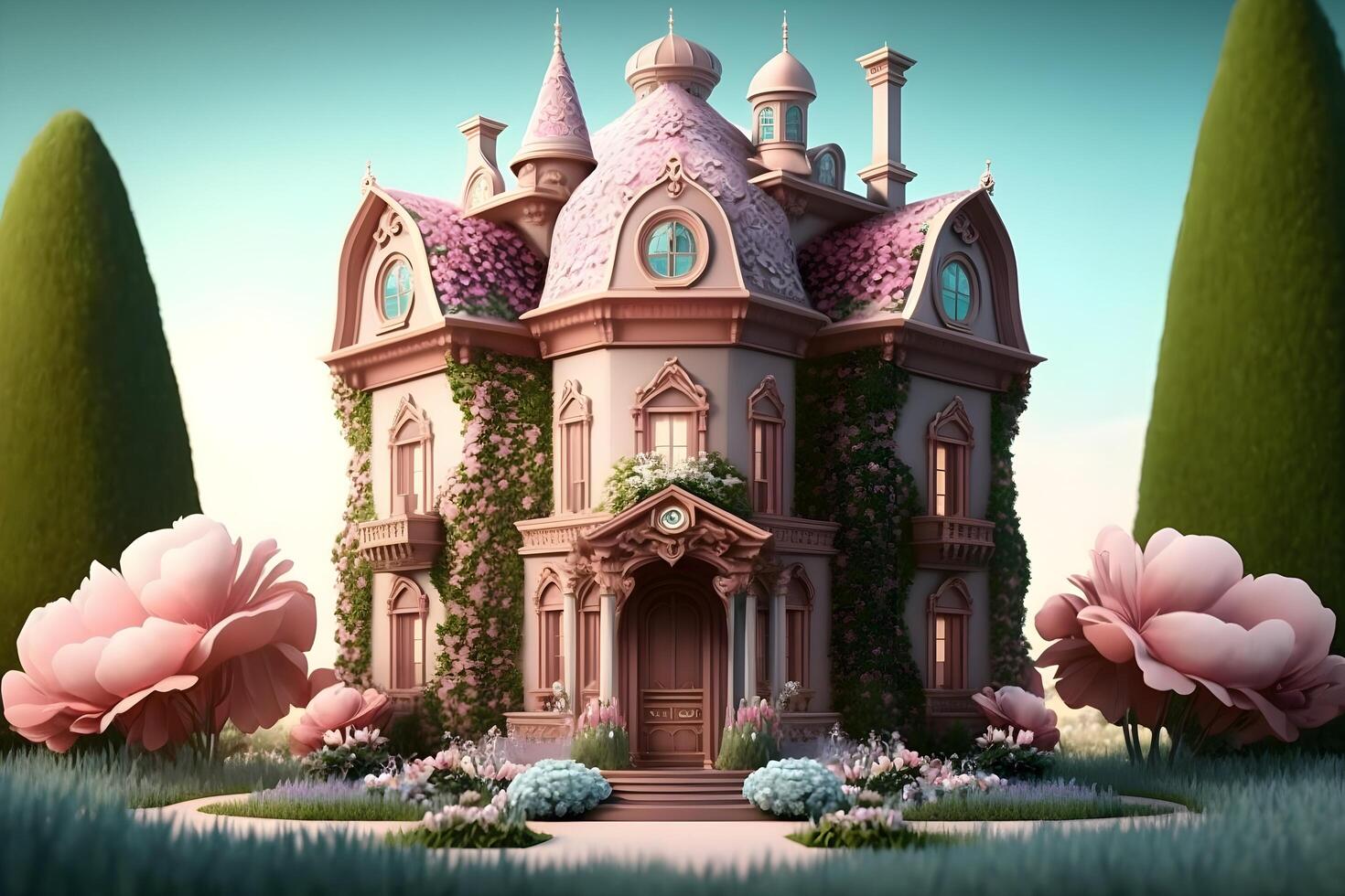 cute house decorated with flowers made by technology photo