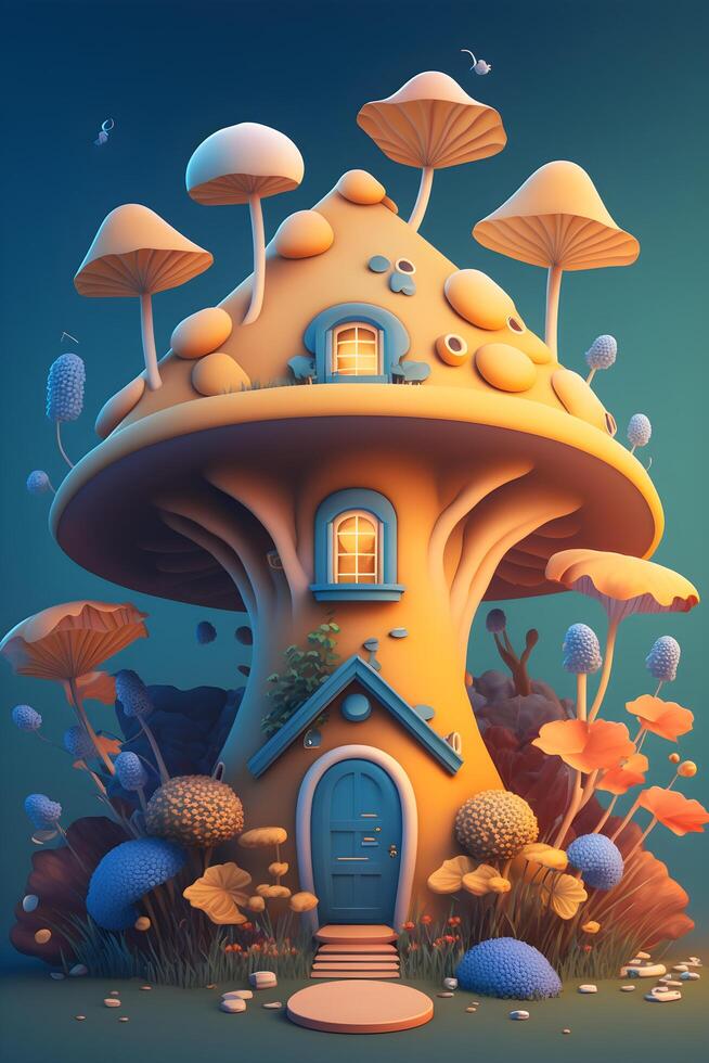 Animated 3d house with mushroom concept created by Teknology photo