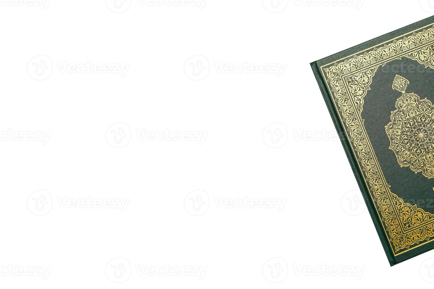 The Holy Al Quran with written arabic calligraphy meaning of Al Quran and rosary beads or tasbih on white background, isolated with copy space. photo