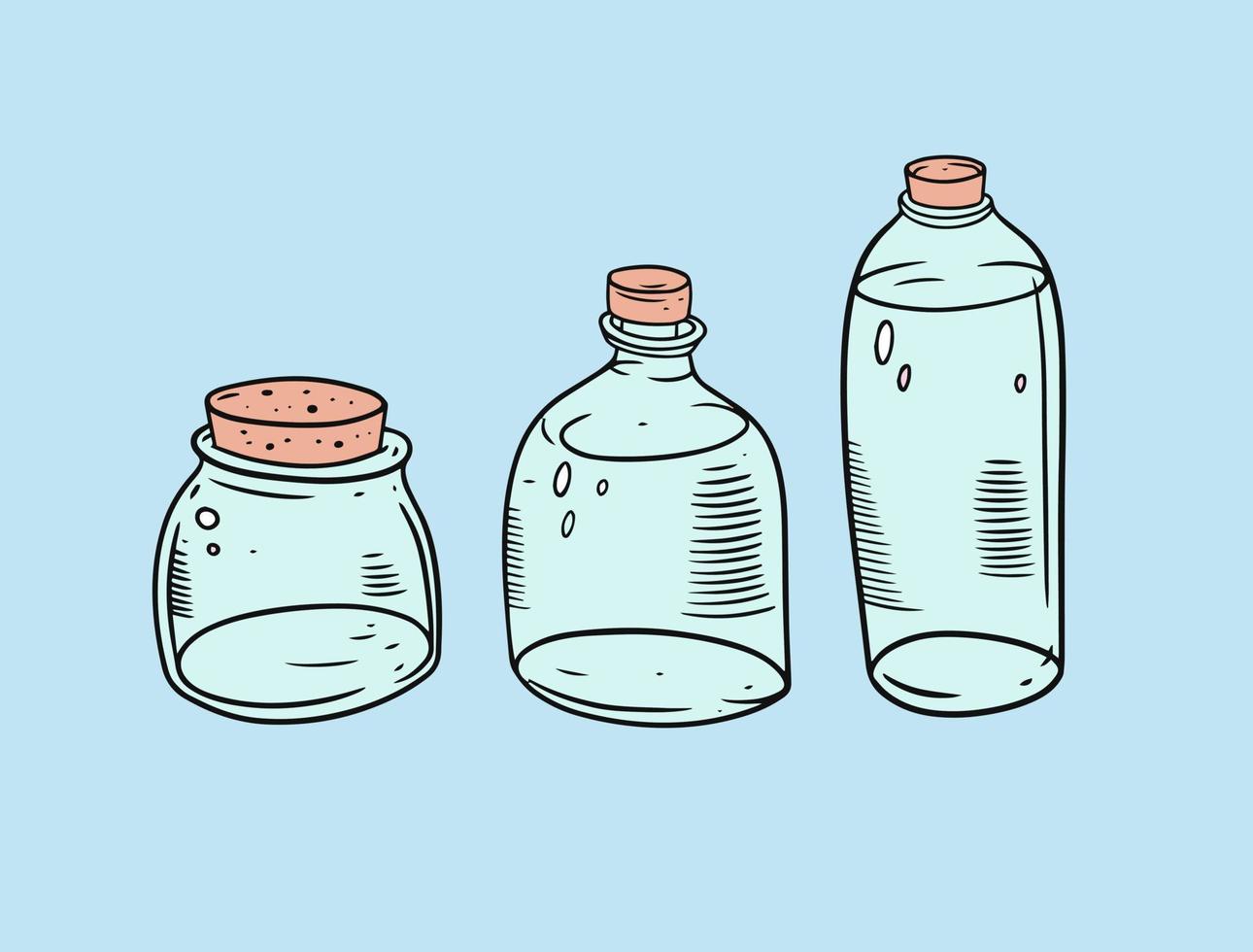 Tres mano dibujado conjunto frascos en dibujos animados estilo vector ilustración.