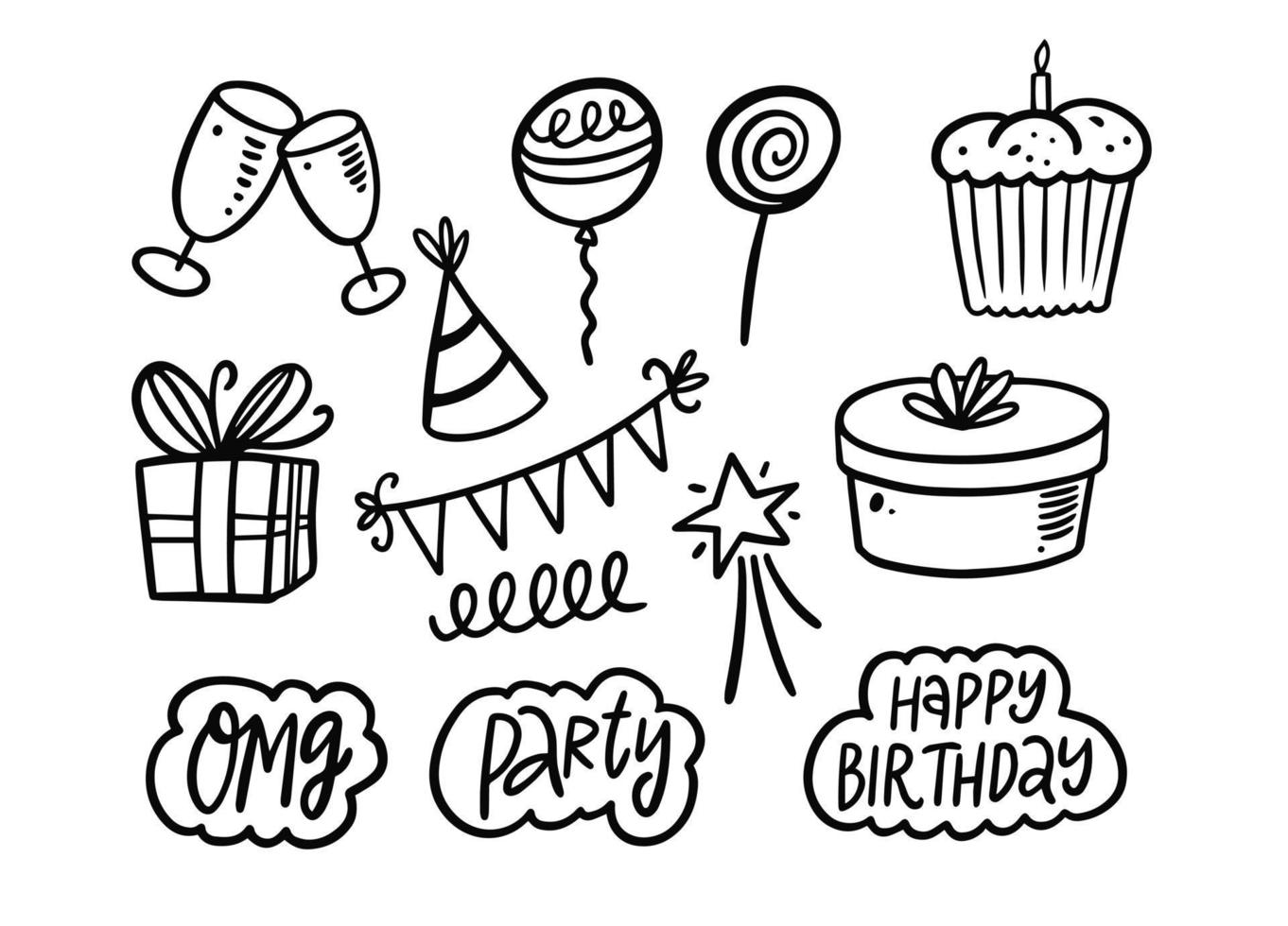 Hand drawn black color happy birthday or celebration party doodle elements set. vector