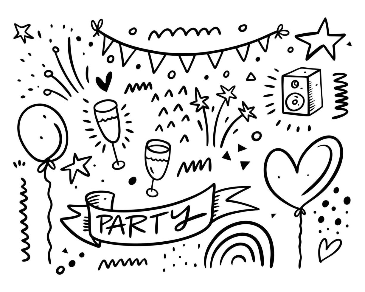 Happy Birthday hand drawn doodle elements set. Black color line art vector illustration.