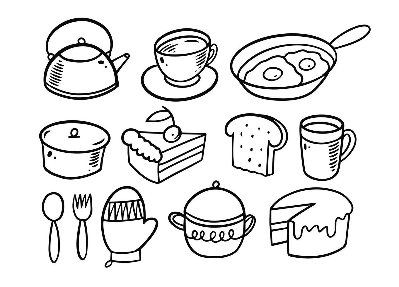 Kitchen tools and food doodle elements set. Hand drawn black color line art vector illustration.