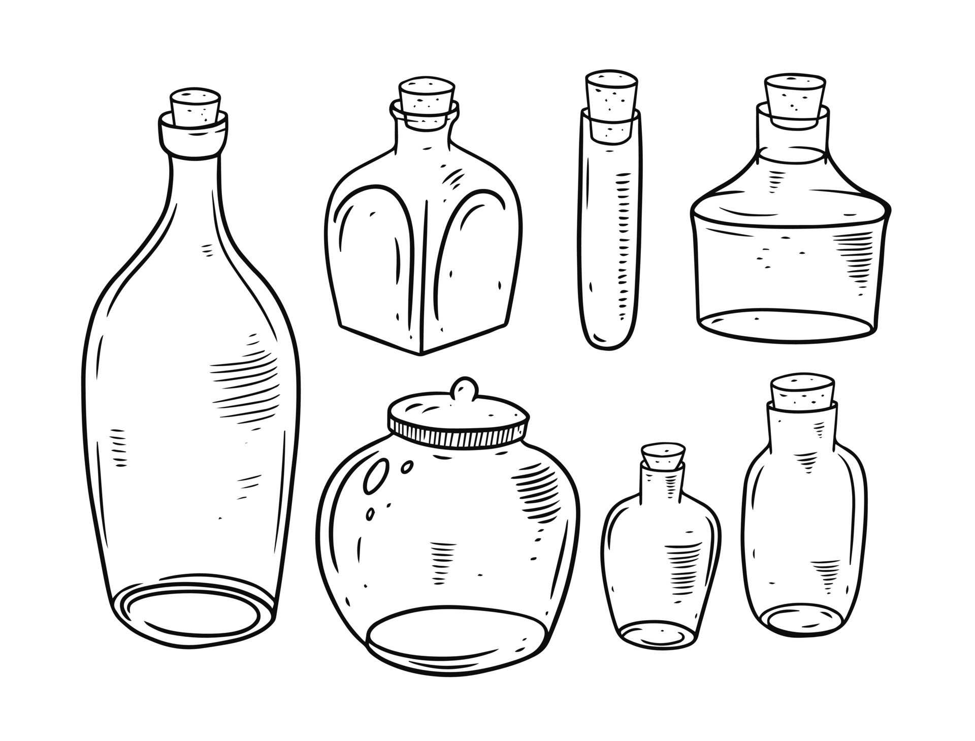 Bottles and Jars. Engraving style. Black and white colors. 22175435