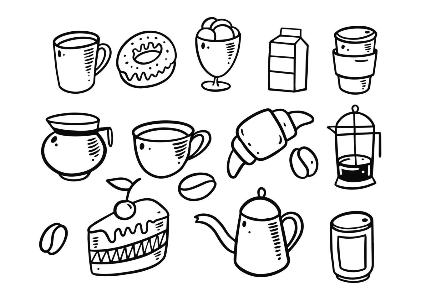 Sweet breakfast food hand drawn doodle set elements. Coffee and dessert vector illustration.