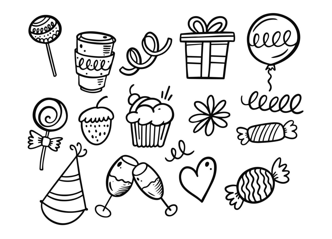 Hand drawn birthday and celebration doodle elements set. Black color sketch vector illustration.
