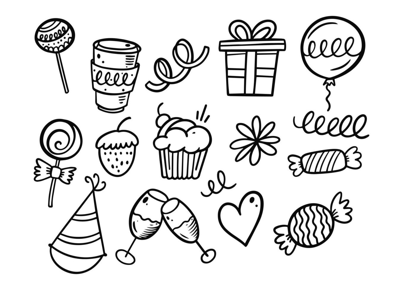 Hand drawn birthday and celebration doodle elements set. Black color sketch vector illustration.