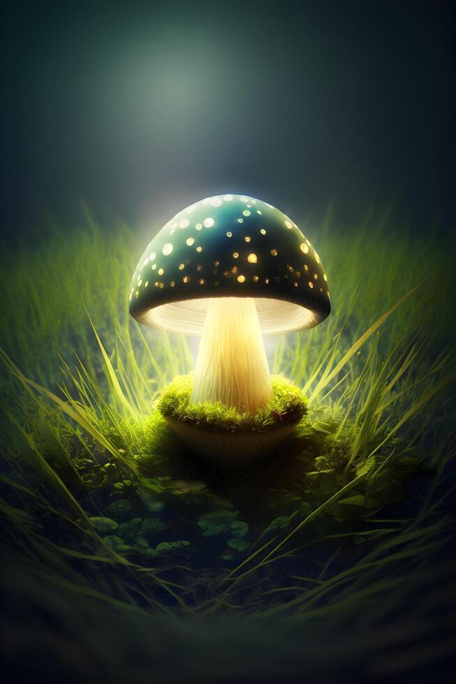 green mushroom on grass with lights made by technology photo