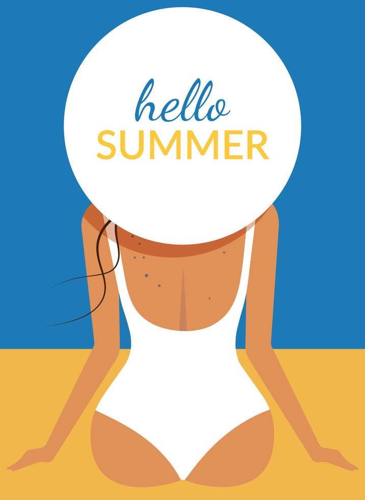 An elegant woman in a white swimsuit and a large hat is sitting on the beach. Hello summer. Summer holiday concept.Vector vector