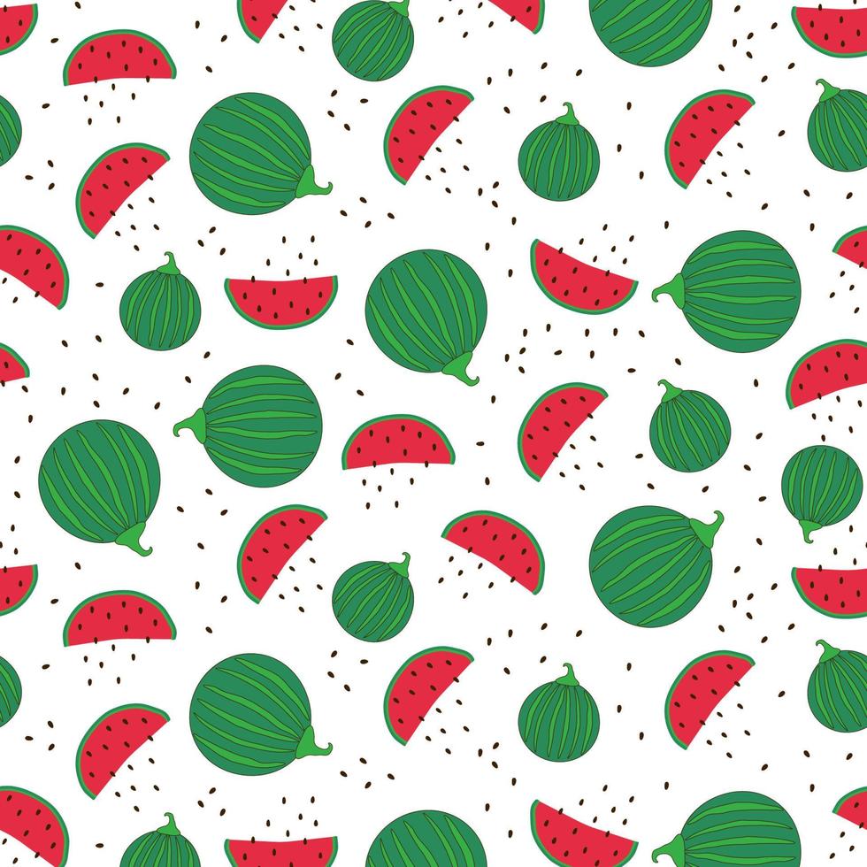 Seamless summer pattern with watermelons on a white background. Use as packaging, wallpaper, background, postcard, for web use. Vector
