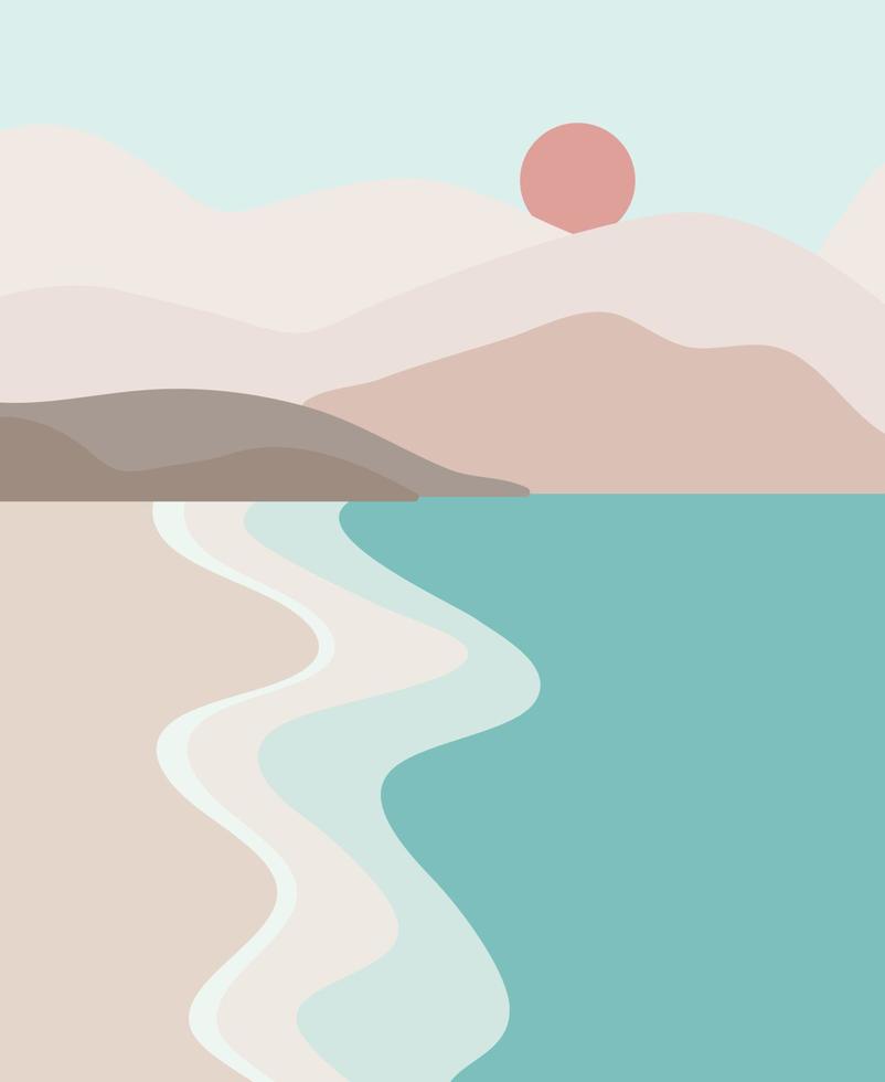 Vector illustration with beach landscapes.Mountains in the background of the sea
