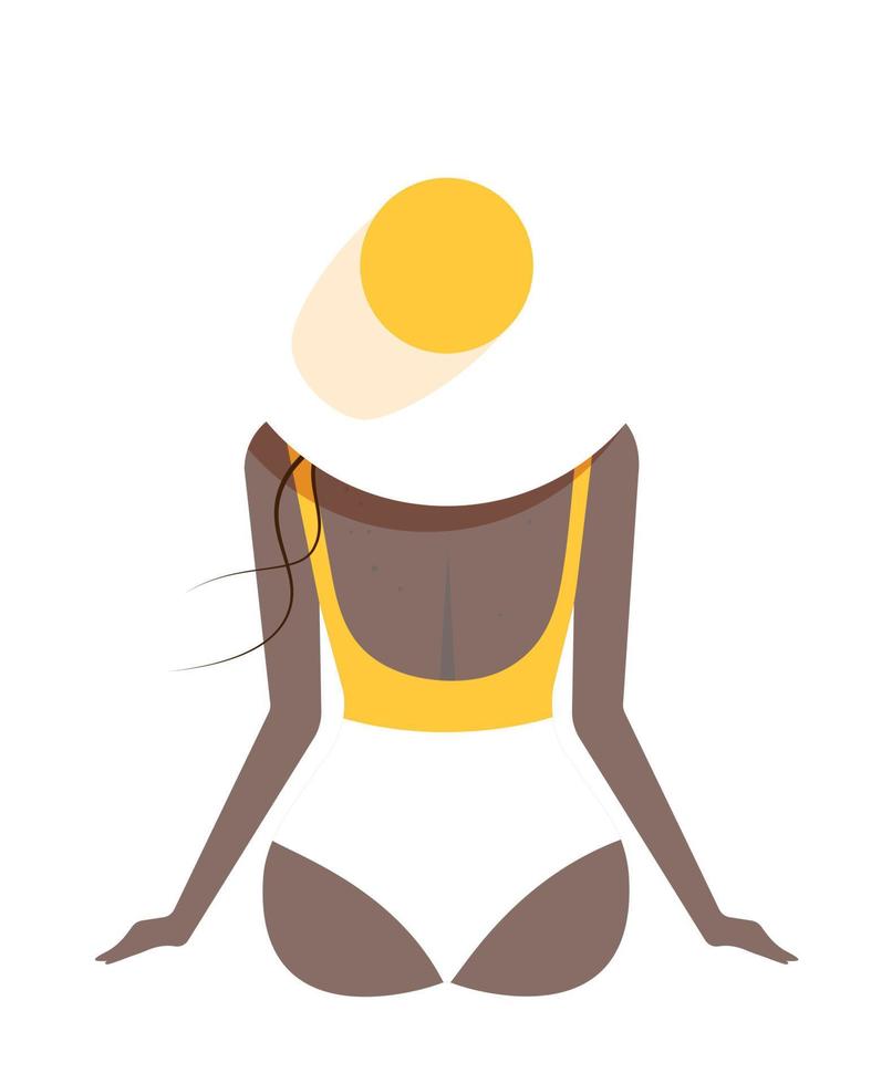 de piel oscura mujer en un traje de baño y sombrero con grande campos. el concepto de relajante en el playa.vector ilustración vector