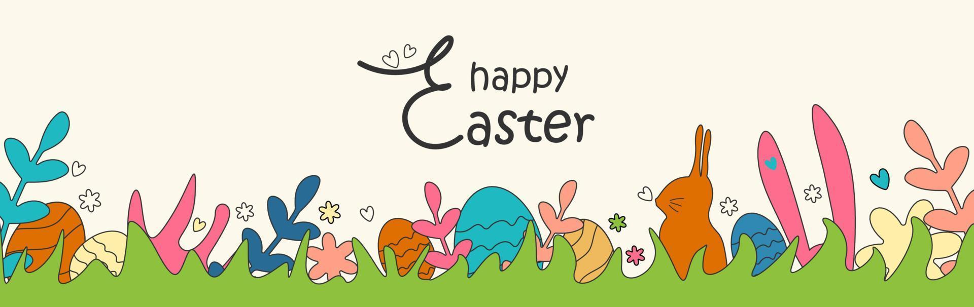 Banner with the image of rabbit ears, eggs, flowers hidden in green grass in an editable stroke.Trendy design with hand-painted elements in trendy colors on a pink background vector