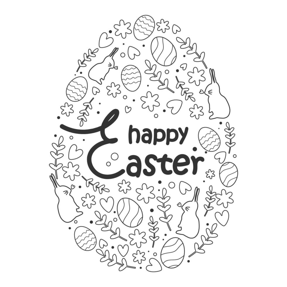 Easter Egg . Pattern with the image of rabbits, eggs, branches in the form of an Easter egg with an inscription in the middle. Pattern in dark editable stroke. Vector
