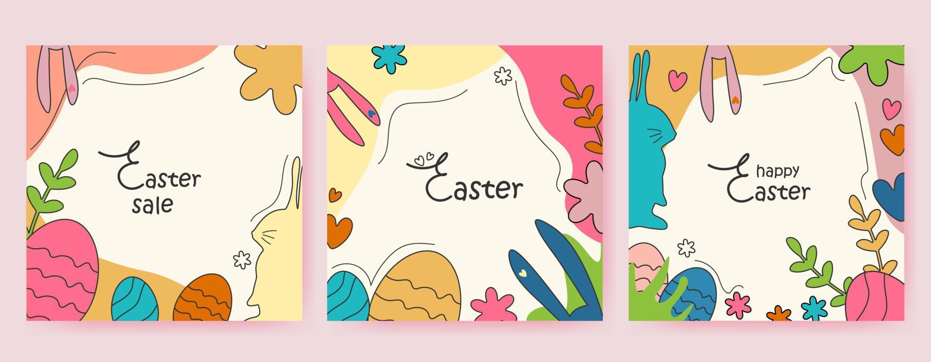 Happy Easter set of banners, greeting cards, posters, holiday covers. Trendy design with hand-painted plants, eggs and bunny ears in trendy colors. Minimalist contemporary art style. vector