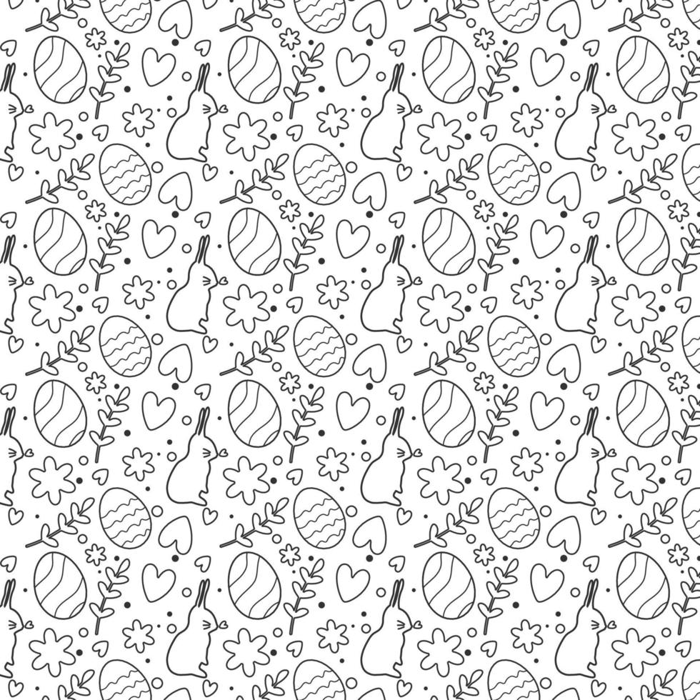 Drawn Easter seamless pattern outlined on a white background, cute doodle eggs and flowers with hearts in a stroke , great for textiles, banners, wallpaper, wrapping vector design