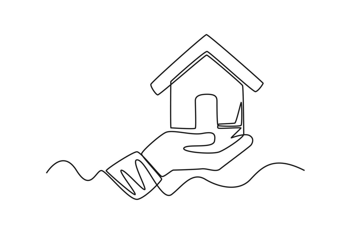 Continuous one-line drawing property insurance icon a hand holding a house. Insurance concept single line draws design graphic vector illustration