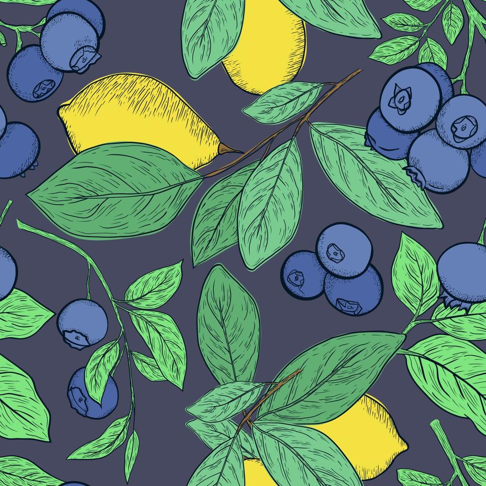 Yellow lemon and blueberries seamless pattern on dark background. hand drawn pattern. fruit illustration. vector