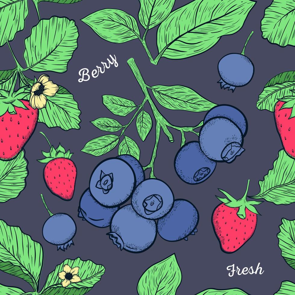 fresas y arándanos sin costura modelo en oscuro antecedentes. mano dibujado modelo. Fruta ilustración. vector