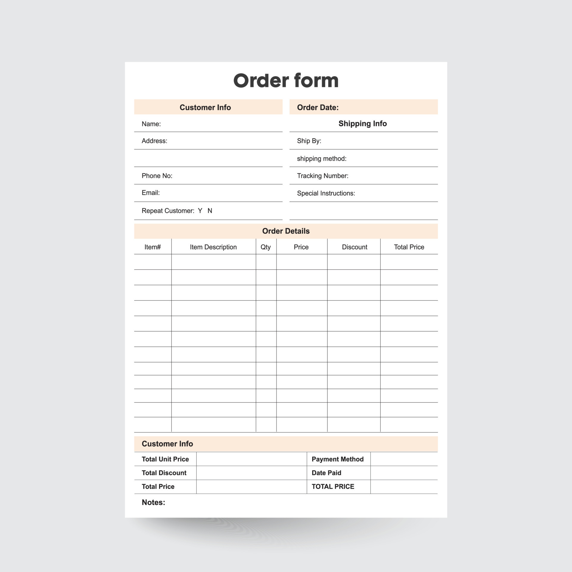 Order Form Template Excel
