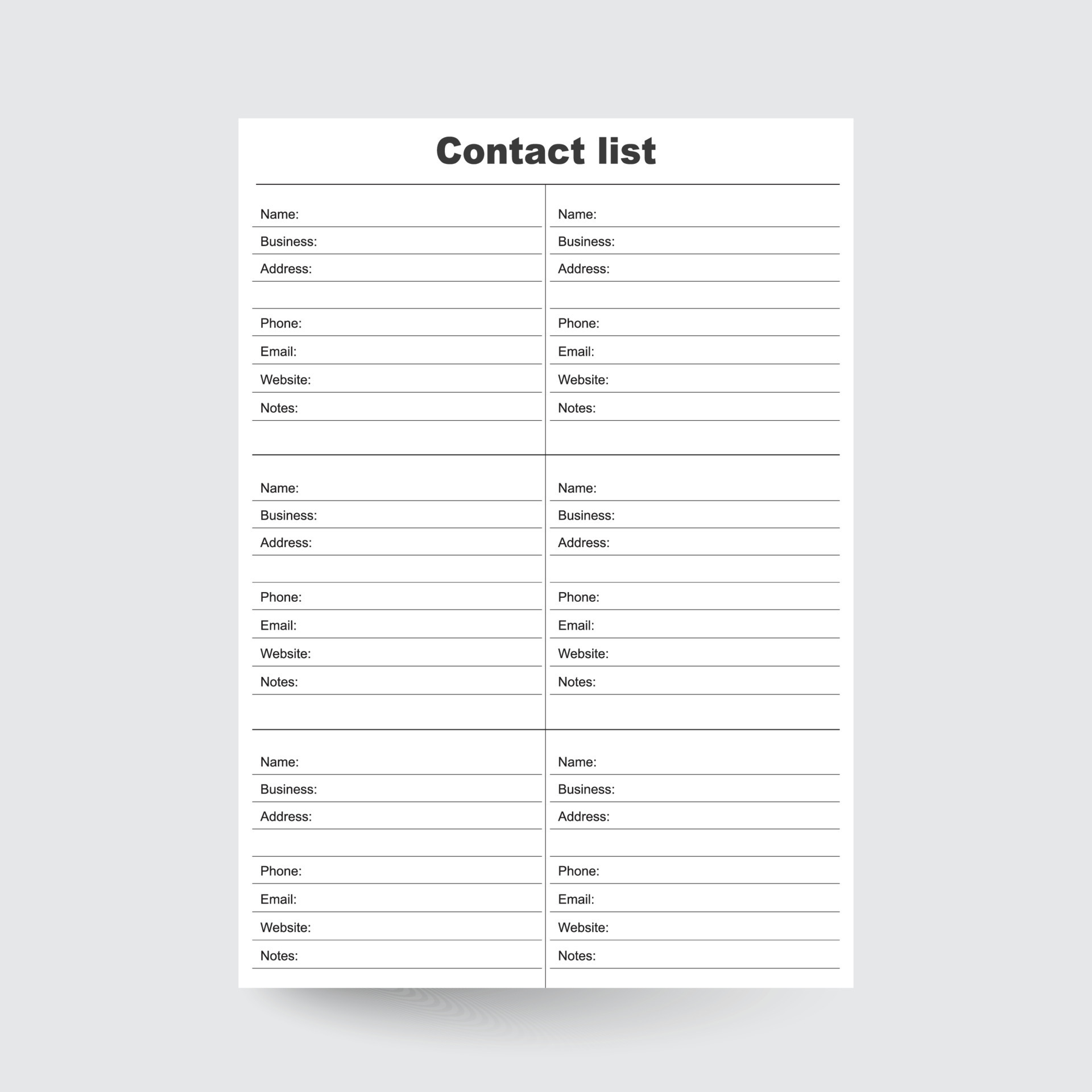 Contact List,Contacts Planner,Contact Sheet,Digital Contact List