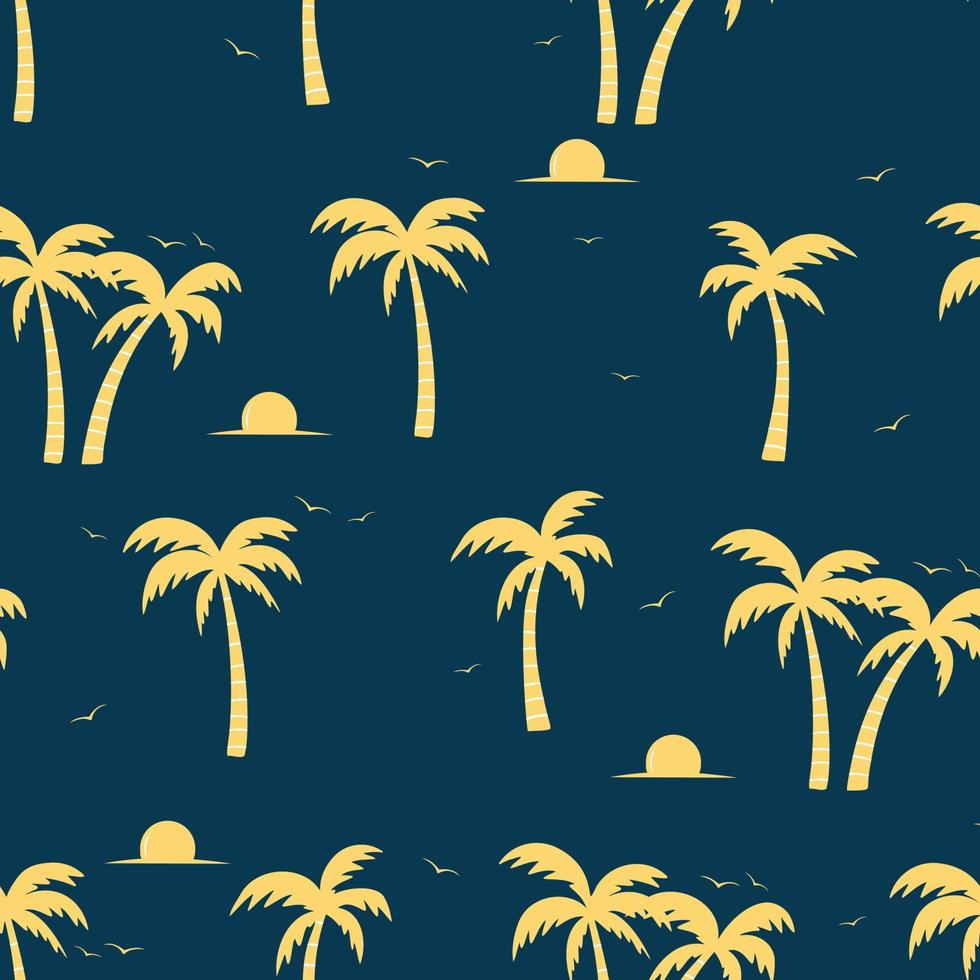 Seamless pattern in the summer mood with palm trees, sun and birds in hand drawn style vector