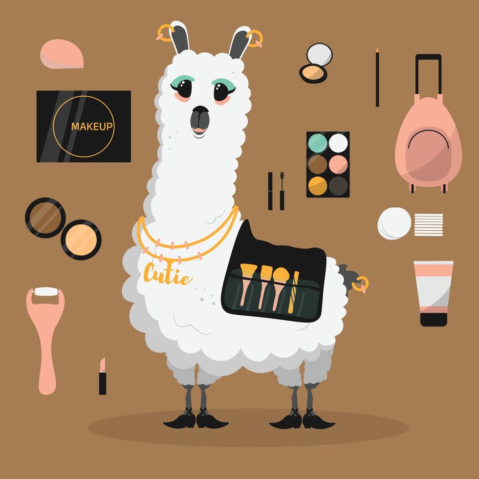 Cute funny lama cartoon alpaca makeup artist mascot animal hand drawn vector