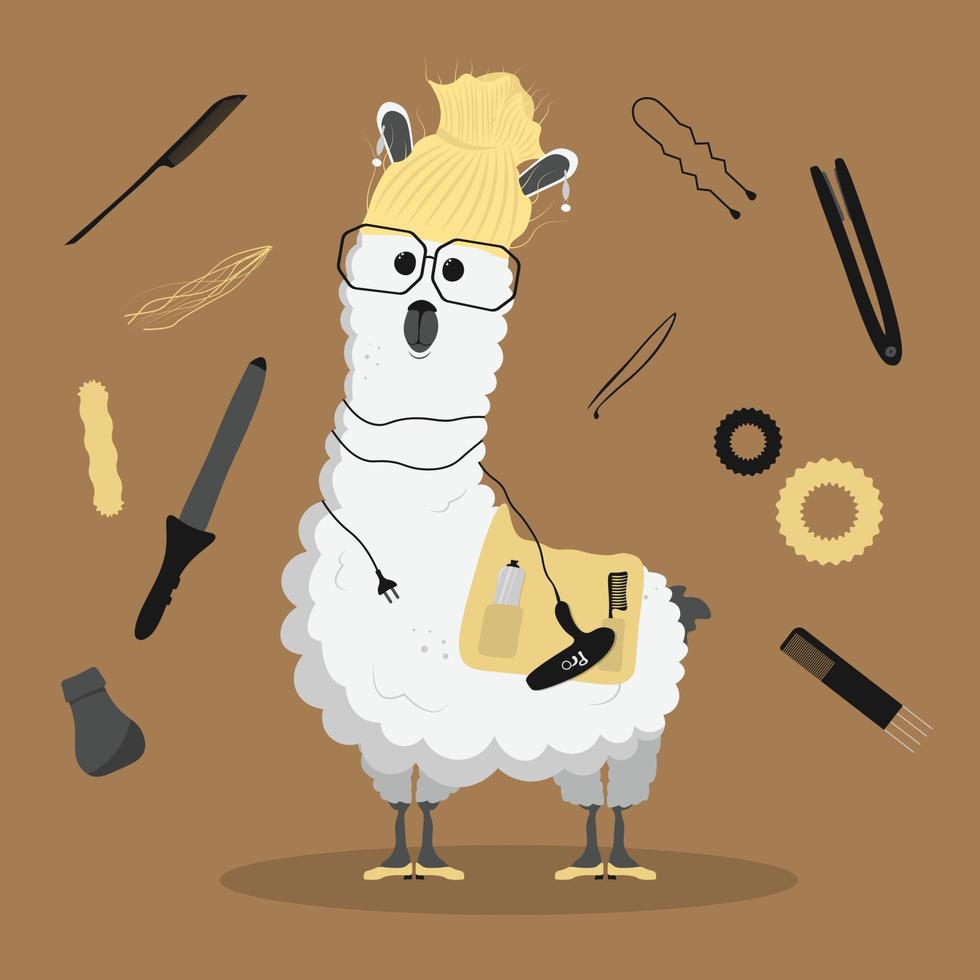 Cute funny lama cartoon alpaca hair stylist mascot animal hand drawn vector