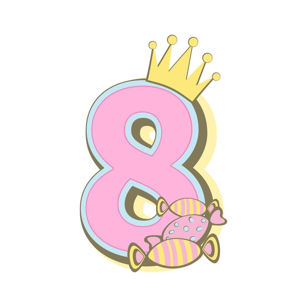 Number eight with crown, candy, baby month cards. Monthly milestone. Birthday Party Invitation Card Template vector