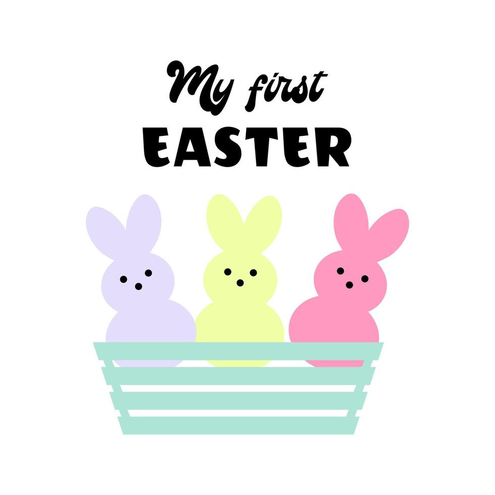 My first Easter, cute bunnies in a flowerpot. Pastel colors, flat design. Holiday symbols for children. Vector