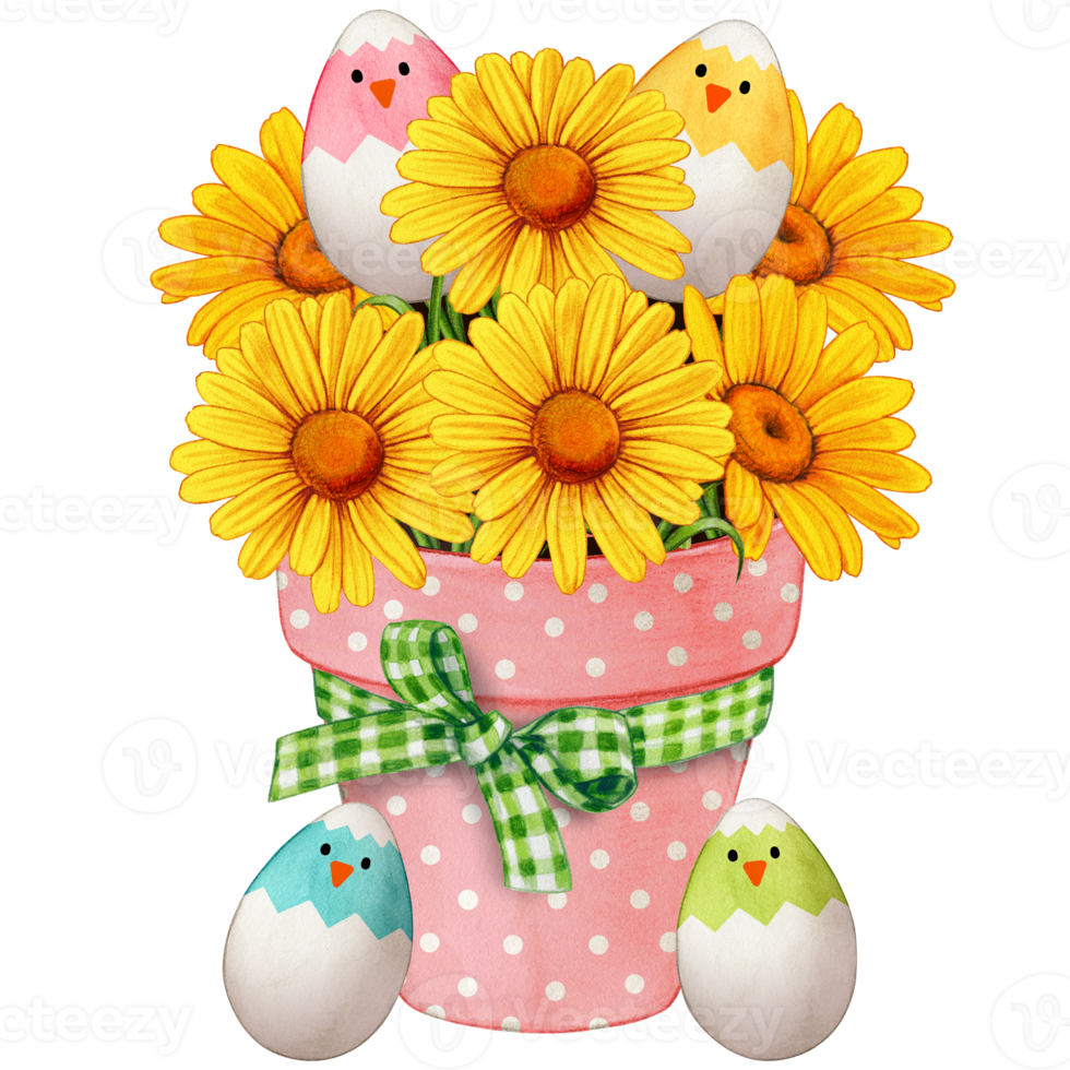 Watercolor flower pot full od yellow daisies and decorated eggs png