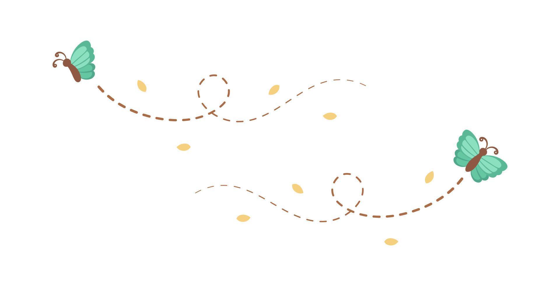 Flying Butterfly trail with dashed line route set. Nature Spring Summer Doodle Illustration Design Element vector