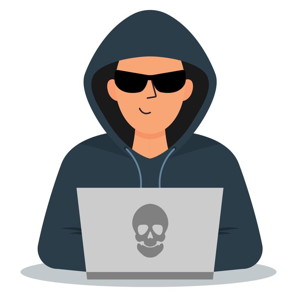 hacker en un capucha y negro lentes con un ordenador portátil. red hackear. vector ilustración.