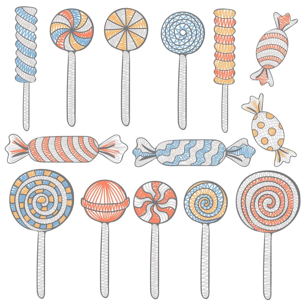 Set of candies, lollipop, sugar caramel in wrapper and twisted marshmallow on stick vector