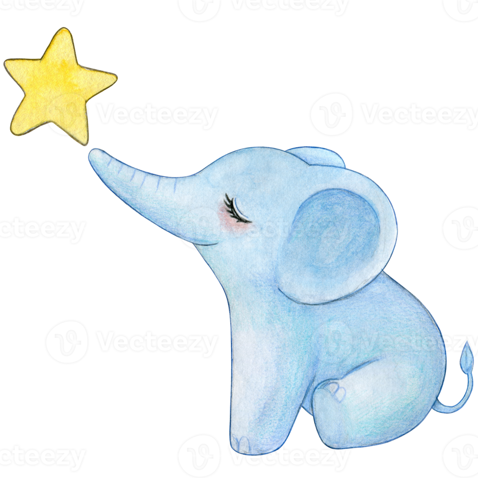 watercolor cute baby elephant with clouds and star png