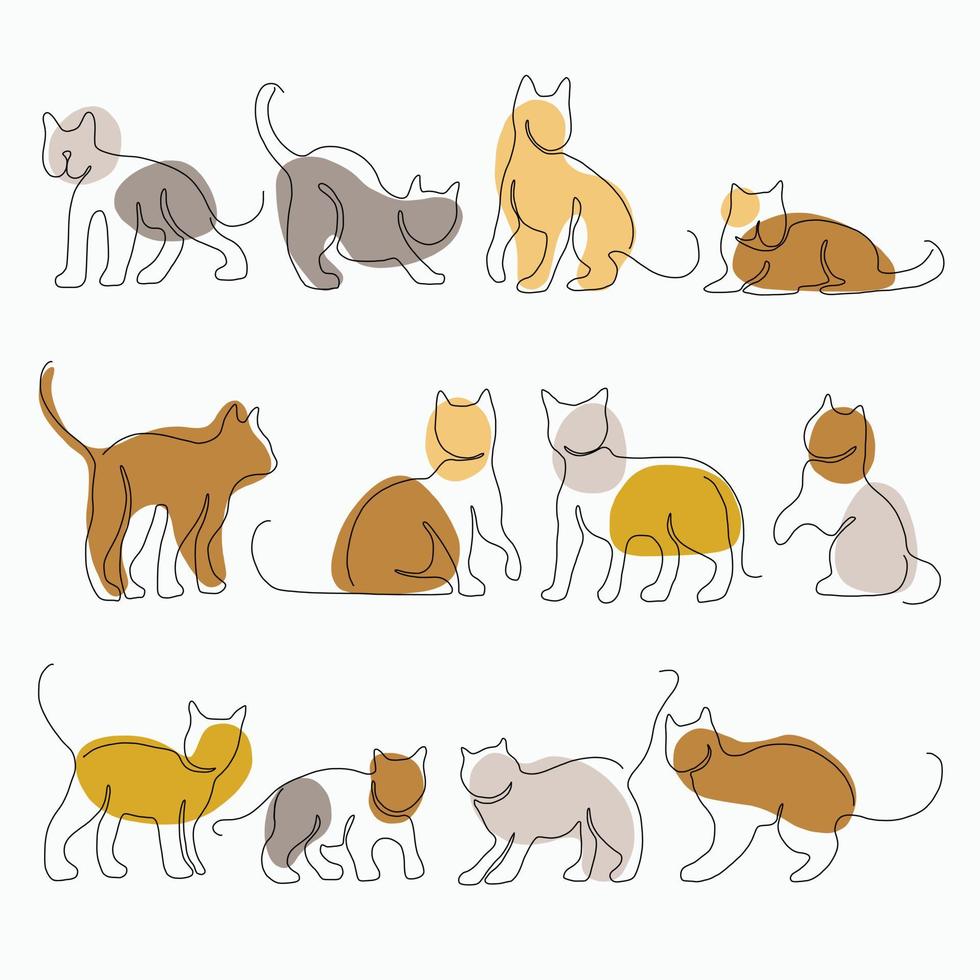 Doodle continuous freehand sketch drawing of cat pose collection. vector