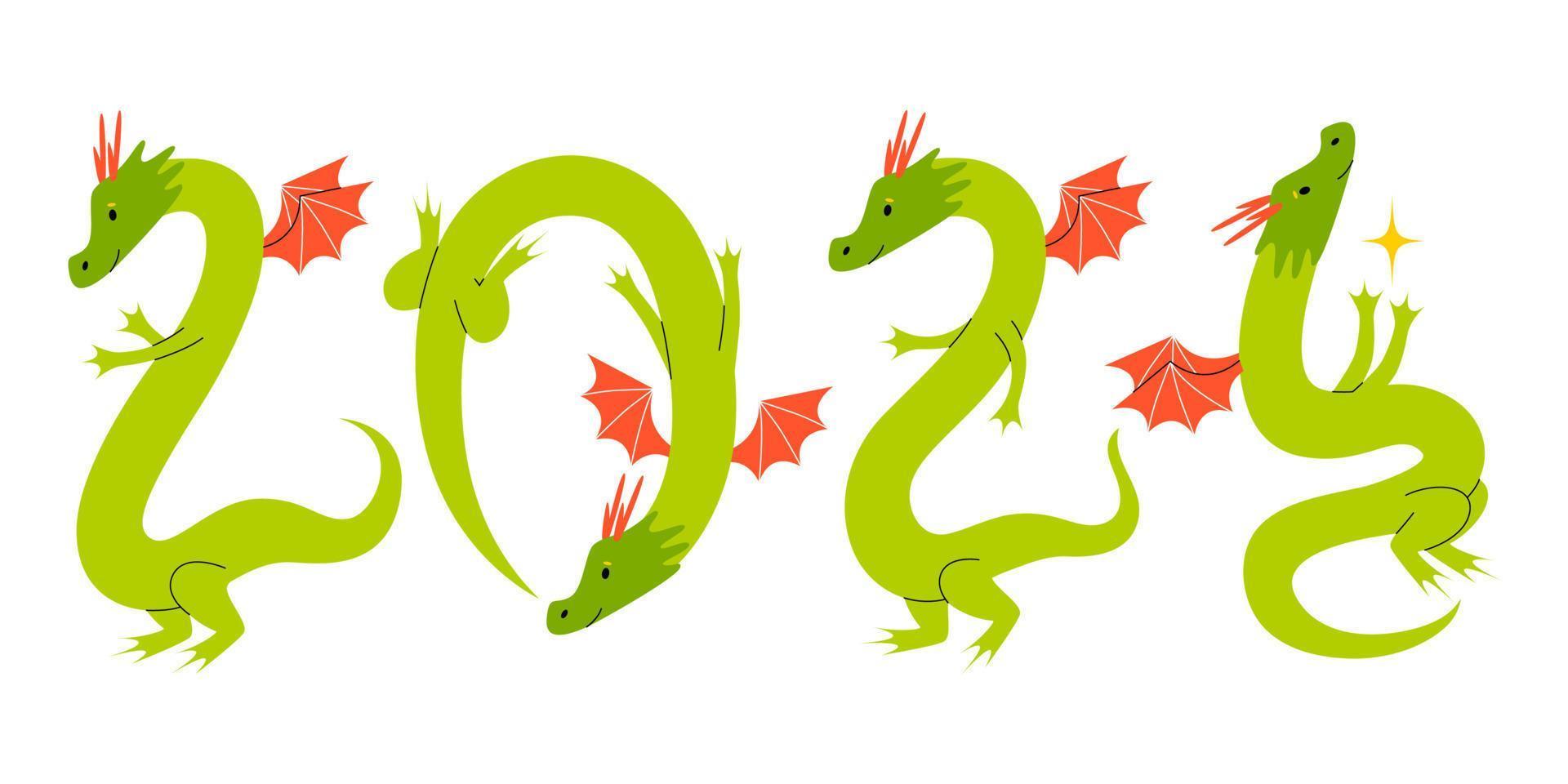 Symbol of Happy Chinese New Year 2024 Dragon. Colorful modern postcard, poster, greeting card. Zodiac sign, year of the Green Wooden Dragon. Vector cartoon illustration.