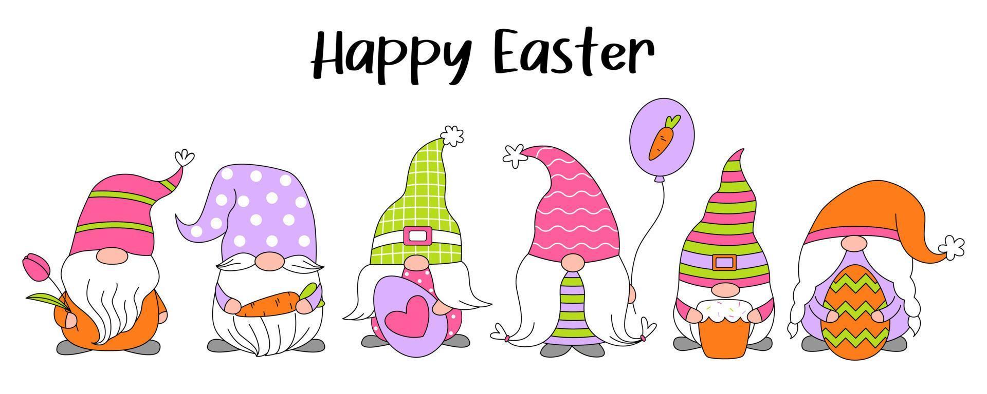 Set cute gnomes with eggs, carrot, cake, baloon, tulip for Easter and spring. Happy Easter. Doodle cartoon style. Vector draw illustration for greeting card, poster, banner, stickers, invitation.