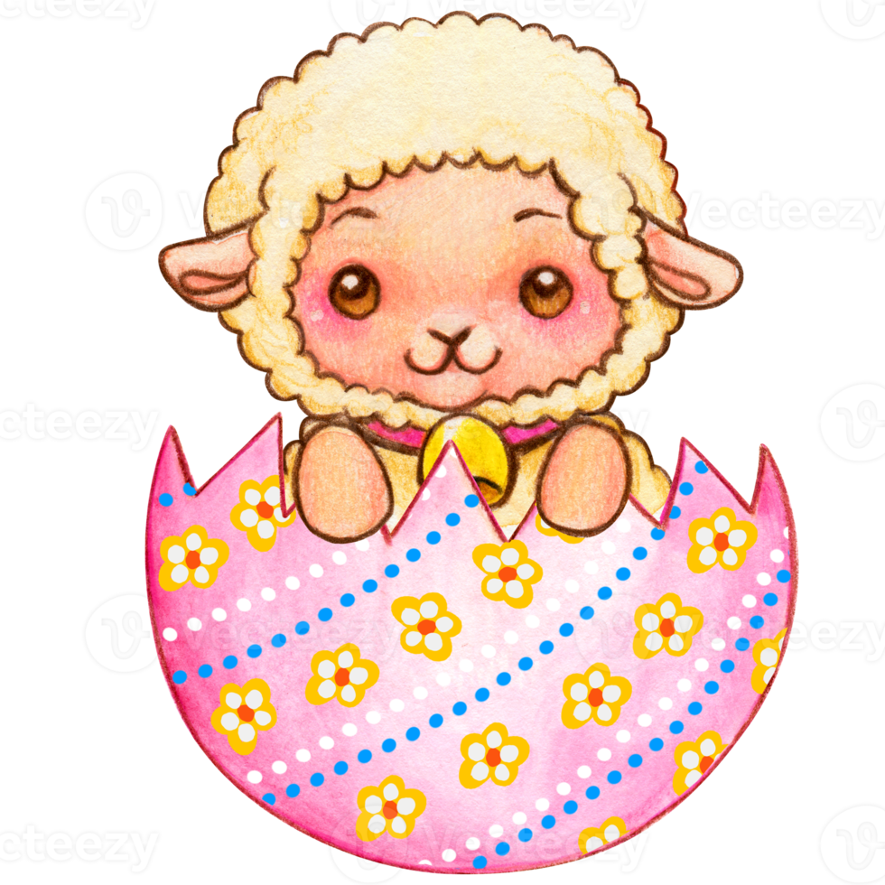 Watercolor cute cartoon character coming out of an easter egg shell png