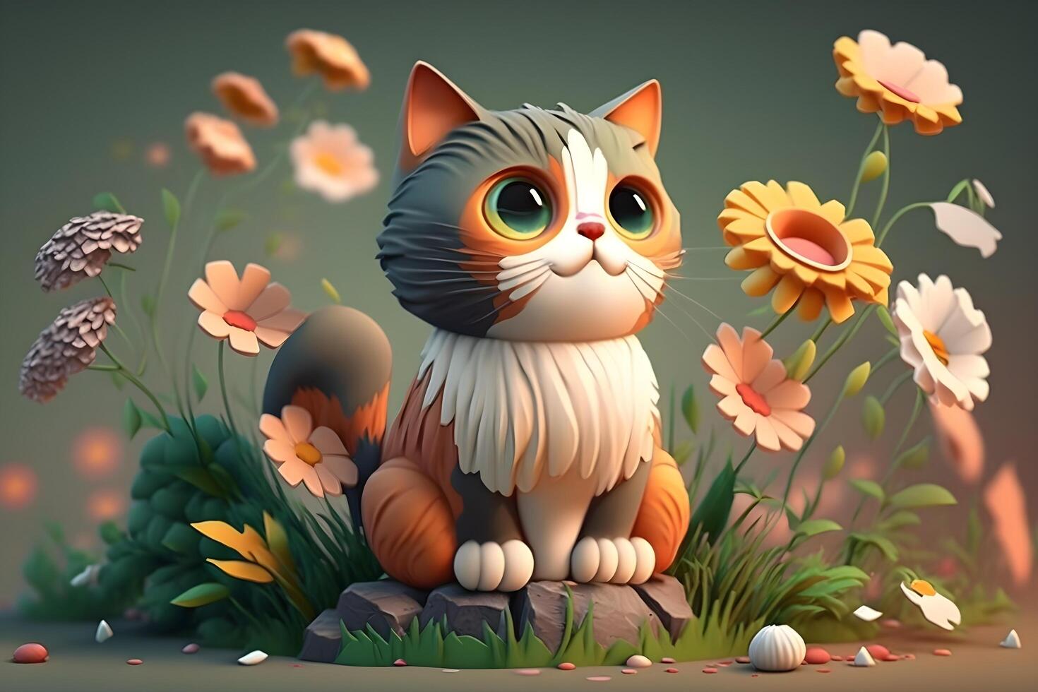 animated cat with flowers around created by teknology photo