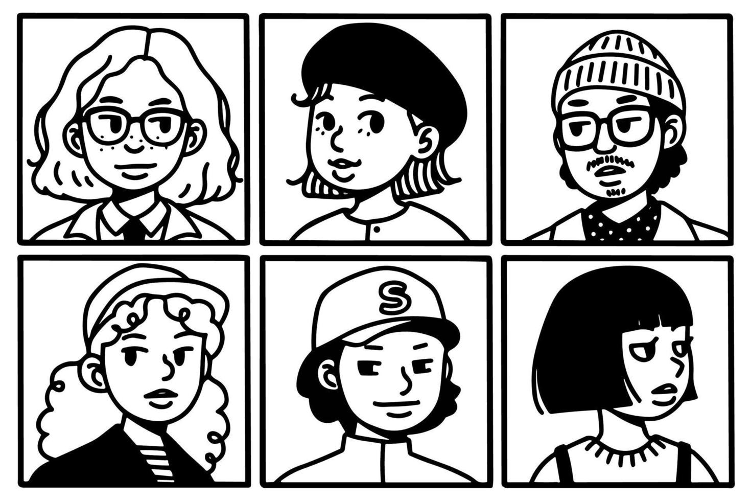 Set of characters. Black and white illustration of a group of people. vector