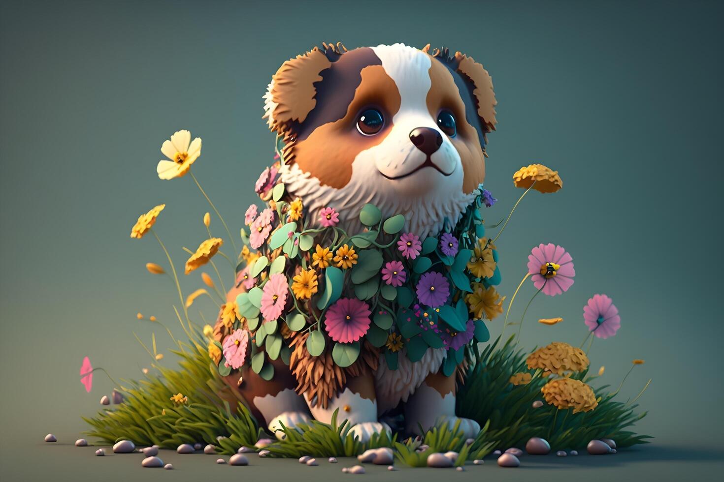 Animated 3d animal dog and flowers around it created by technology photo