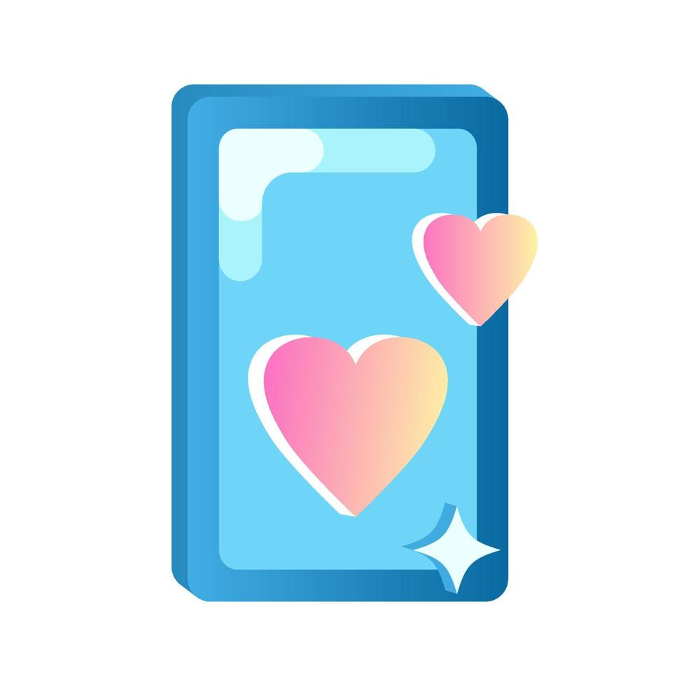 Blue mobile phone with 3d hearts on screen and highlights. Vector illustration of smartphone icon. Concept for romantic online communication, dating and Valentines day.