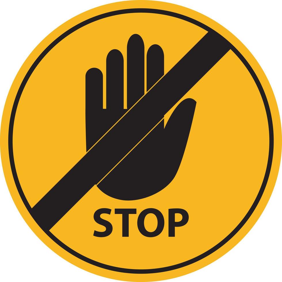 Simple yellow road stop sign with big hand symbol or icon vector illustration